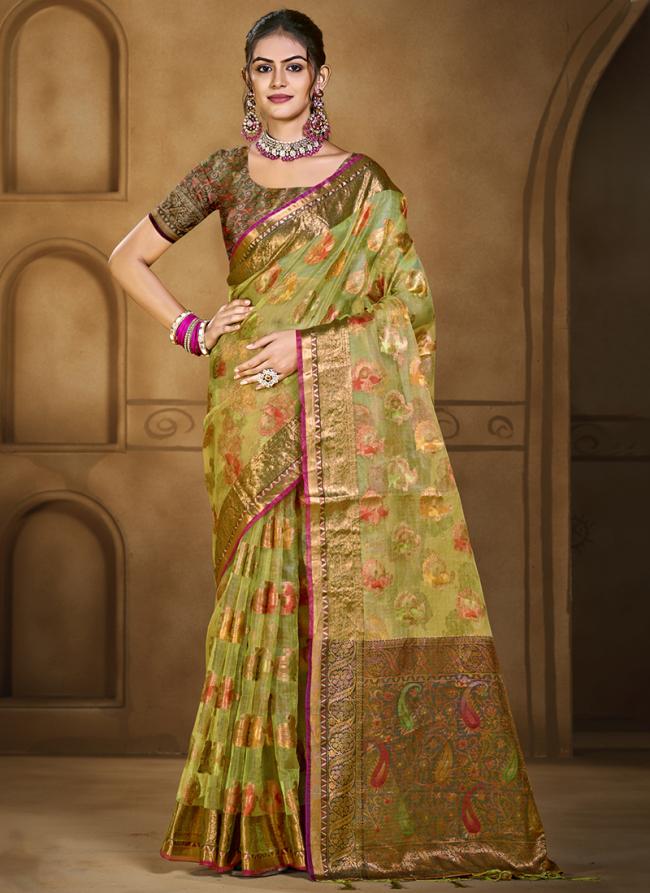 Organza Green Festival Wear Weaving Saree